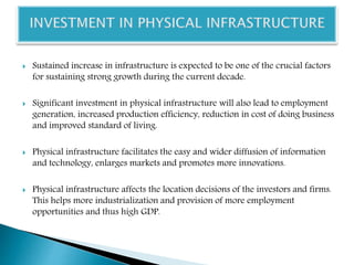  Sustained increase in infrastructure is expected to be one of the crucial factors
for sustaining strong growth during the current decade.
 Significant investment in physical infrastructure will also lead to employment
generation, increased production efficiency, reduction in cost of doing business
and improved standard of living.
 Physical infrastructure facilitates the easy and wider diffusion of information
and technology, enlarges markets and promotes more innovations.
 Physical infrastructure affects the location decisions of the investors and firms.
This helps more industrialization and provision of more employment
opportunities and thus high GDP.
 
