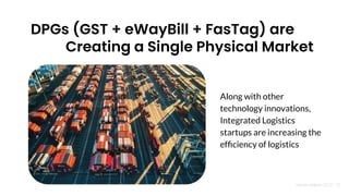 Nandan Nilekani 2023 |
Along with other
technology innovations,
Integrated Logistics
startups are increasing the
efﬁciency of logistics
DPGs (GST + eWayBill + FasTag) are
Creating a Single Physical Market
32
 