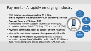 Payments - A rapidly emerging industry
• With total payments approaching $9 trillion,
India’s payments industry has revenues of nearly $14 billion
• Payment flows are 7.8 times GDP
[Comparable to many Western countries and emerging
economies, such as Brazil (7.3), Italy (7.2) and the U.S. (7.0)]
• Payments contributes about 30 percent of bank revenues
• Meanwhile, electronic payments have grown significantly
• The mobile payments (m-payments) industry in India is
estimated to grow from $86 million in 2011 to $1.15 billion in
2016, with a compound annual growth rate (CAGR) of 68%
Source: McKinsey on Payments
 
