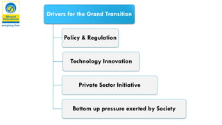 Drivers for the Grand Transition
Policy & Regulation
Technology Innovation
Private Sector Initiative
Bottom up pressure exerted by Society
 