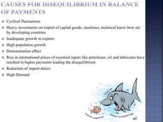  Cyclical fluctuations
 Heavy investments on import of capital goods, machines, technical know-how etc
by developing countries
 Inadequate growth in exports
 High population growth
 Demonstration effect
 Rise in international prices of essential inputs like petroleum, oil and lubricants have
resulted in higher payments leading the disequilibrium
 Reduction of import duties
 High Demand
 