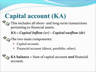 Capital account (KA)
 This includes all short- and long-term transactions
   pertaining to financial assets.
   KA = Capital Inflow (cr) – Capital outflow (dr)
 The two main components:
    Capital account.
    Financial account (direct, portfolio, other).


 KA balance = Sum of capital account and financial
   account.
 