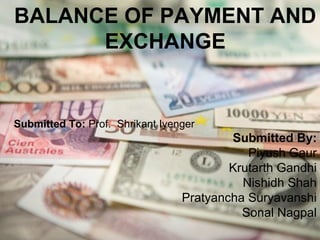 BALANCE OF PAYMENT AND
      EXCHANGE


Submitted To: Prof. Shrikant Iyenger
                                         Submitted By:
                                            Piyush Gaur
                                         Krutarth Gandhi
                                           Nishidh Shah
                                 Pratyancha Suryavanshi
                                           Sonal Nagpal
 