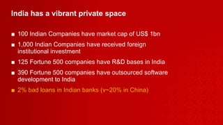 India has a vibrant private space  100 Indian Companies have market cap of US$ 1bn  1,000 Indian Companies have received foreign  institutional investment 125 Fortune 500 companies have R&D bases in India 390 Fortune 500 companies have outsourced software  development to India 2% bad loans in Indian banks (v~20% in China) 