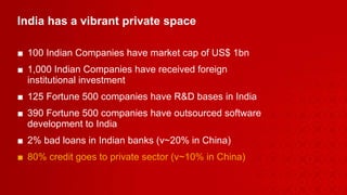 India has a vibrant private space  100 Indian Companies have market cap of US$ 1bn  1,000 Indian Companies have received foreign  institutional investment 125 Fortune 500 companies have R&D bases in India 390 Fortune 500 companies have outsourced software  development to India 2% bad loans in Indian banks (v~20% in China) 80% credit goes to private sector (v~10% in China) 