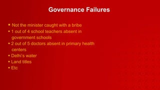 Governance Failures Not the minister caught with a bribe 1 out of 4 school teachers absent in  government schools 2 out of 5 doctors absent in primary health centers Delhi’s water Land titles  Etc 