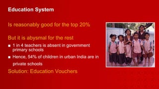 Education System Is reasonably good for the top 20% But it is abysmal for the rest 1 in 4 teachers is absent in government  primary schools Hence, 54% of children in urban India are in  private schools Solution: Education Vouchers 