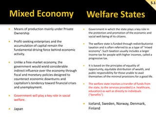 5.1



Means of production mainly under Private
Ownership



Profit-seeking enterprises and the
accumulation of capital remain the
fundamental driving force behind economic
activity.



Unlike a free-market economy, the
government would wield considerable
indirect influence over the economy through
fiscal and monetary policies designed to
counteract economic downturns and
capitalism's tendency toward financial crises
and unemployment.



Government in which the state plays a key role in
the protection and promotion of the economic and
social well-being of its citizens.



The welfare state is funded through redistributionist
taxation and is often referred to as a type of "mixed
economy”. Such taxation usually includes a larger
income tax for people with higher incomes, called a
progressive tax.



It is based on the principles of equality of
opportunity, equitable distribution of wealth, and
public responsibility for those unable to avail
themselves of the minimal provisions for a good life.



The welfare state involves a transfer of funds from
the state, to the services provided (i.e. healthcare,
education) as well as directly to individuals
("benefits").







Iceland, Sweden, Norway, Denmark,
Finland

Government will play a key role in social
welfare.

Japan

 