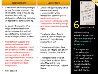 Neoliberalism








5.1

Laissez-faire

An Economic Philosophy emerged  An Economic philosophy which
among European scholars in the
creates an economic
1930s as the third or middle way
environment in which
between the conflicting
transactions between private
philosophies of classical liberalism
parties are free from
and collectivist central planning.
government restrictions, tariffs
and subsidies with only enough
As a policy framework, it’s a
restrictions to protect property
major shift from Keynesian
rights.
welfarism towards a political
agenda favoring the relatively
 The phrase laissez-faire is
unfettered operation of markets.
French & literally means “let
(them) do”, but it broadly
Neoliberalism suggests that
implies “let it be”.
governments reduce deficit
spending, limit subsidies, reform
 The doctrine of Laissez-faire
tax law to broaden the tax base,
became an integral part of 19th
remove fixed exchange rates,
century European liberalism.
open up markets to trade by
limiting protectionism, privatize
 The most notable critics of
state-run businesses, allow
Laissez-faire are Adam Smith,
private property and back
John Maynard Keynes
deregulation.
(Keynesian Welfarism) Friedrich
Hayek.
New Zealand

6

generations of

Walton family’s
wealth is more than
the combined wealth
of bottom 40% of
Americans.
The single most
comprehensive
counter argument to
both neoliberalism
and laissez-faire
theories by Nobel
(2001) Laureate
Joseph E Stiglitz.

 