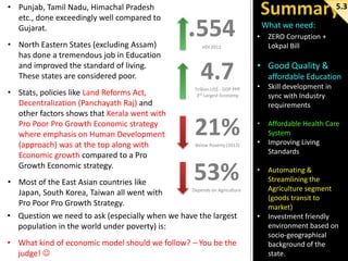 • Punjab, Tamil Nadu, Himachal Pradesh
etc., done exceedingly well compared to
Gujarat.
• North Eastern States (excluding Assam)
has done a tremendous job in Education
and improved the standard of living.
These states are considered poor.
• Stats, policies like Land Reforms Act,
Decentralization (Panchayath Raj) and
other factors shows that Kerala went with
Pro Poor Pro Growth Economic strategy
where emphasis on Human Development
(approach) was at the top along with
Economic growth compared to a Pro
Growth Economic strategy.

5.3

.554

What we need:
•

HDI 2012

4.7
Trillion US$ - GDP PPP
3rd Largest Economy

21%
Below Poverty (2013)

53%

• Most of the East Asian countries like
Depends on Agriculture
Japan, South Korea, Taiwan all went with
Pro Poor Pro Growth Strategy.
• Question we need to ask (especially when we have the largest
population in the world under poverty) is:
• What kind of economic model should we follow? – You be the
judge! 

ZERO Corruption +
Lokpal Bill

• Good Quality &
affordable Education
•

Skill development in
sync with Industry
requirements

•

Affordable Health Care
System
Improving Living
Standards

•
•

•

Automating &
Streamlining the
Agriculture segment
(goods transit to
market)
Investment friendly
environment based on
socio-geographical
background of the
state.

 