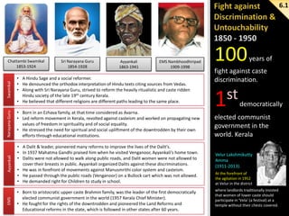 6.1

Swamikal

EMS Nambhoodhiripad
1909-1998

• A Hindu Sage and a social reformer.
• He denounced the orthodox interpretation of Hindu texts citing sources from Vedas.
• Along with Sri Narayana Guru, strived to reform the heavily ritualistic and caste ridden
Hindu society of the late 19th century Kerala.
• He believed that different religions are different paths leading to the same place.

Narayana Guru

Ayyankali
1863-1941

• Born in an Ezhava family, at that time considered as Avarna.
• Led reform movement in Kerala, revolted against casteism and worked on propagating new
values of freedom in spirituality and of social equality.
• He stressed the need for spiritual and social upliftment of the downtrodden by their own
efforts through educational institutions.

Ayyankali

Sri Narayana Guru
1854-1928

• A Dalit & leader, pioneered many reforms to improve the lives of the Dalit's.
• In 1937 Mahatma Gandhi praised him when he visited Venganoor, Ayyankali’s home town.
• Dalits were not allowed to walk along public roads, and Dalit women were not allowed to
cover their breasts in public. Ayyankali organized Dalits against these discriminations.
• He was in forefront of movements against Manusmrithi color system and casteism.
• He passed through the public roads (Venganoor) on a Bullock cart which was not allowed.
• He demanded right for Children to study in school.

EMS

Chattambi Swamikal
1853-1924

• Born to aristocratic upper caste Brahmin family, was the leader of the first democratically
elected communist government in the world (1957 Kerala Chief Minister).
• He fought for the rights of the downtrodden and pioneered the Land Reforms and
Educational reforms in the state, which is followed in other states after 60 years.

100

years of

fight against caste
discrimination.

st democratically
1
elected communist
government in the
world. Kerala
Velur Lakshmikutty
Amma
(1911-2013).
At the forefront of
the agitation in 1952
at Velur in the district
where landlords traditionally insisted
that women of lower caste should
participate in 'Vela' (a festival) at a
temple without their chests covered.

 