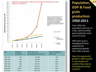 2.2

From 1950, the
population went up 3.3
times, while the food
grain production went
up by 4.3 times.
GDP went up by a
whopping 20 times
especially the
exponential growth
from 1991 onwards.
Does this exponential
growth in GDP resulted
in accumulation of
wealth in few areas or
benefitted the whole
country?

 