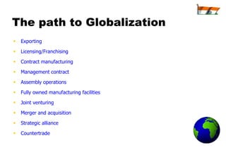 The path to Globalization
   Exporting

   Licensing/Franchising

   Contract manufacturing

   Management contract

   Assembly operations

   Fully owned manufacturing facilities

   Joint venturing

   Merger and acquisition

   Strategic alliance

   Countertrade
 