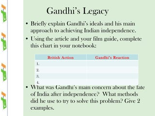Gandhi’s Legacy ,[object Object],[object Object],[object Object],British Action Gandhi’s Reaction 1.  2.  3.  4.  