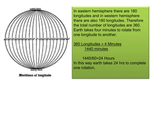 In eastern hemisphere there are 180
longitudes and in western hemisphere
there are also 180 longitudes. Therefore
the total number of longitudes are 360.
Earth takes four minutes to rotate from
one longitude to another.
360 Longitudes × 4 Minutes
1440 minutes
1440/60=24 Hours
In this way earth takes 24 hrs to complete
one rotation.
 