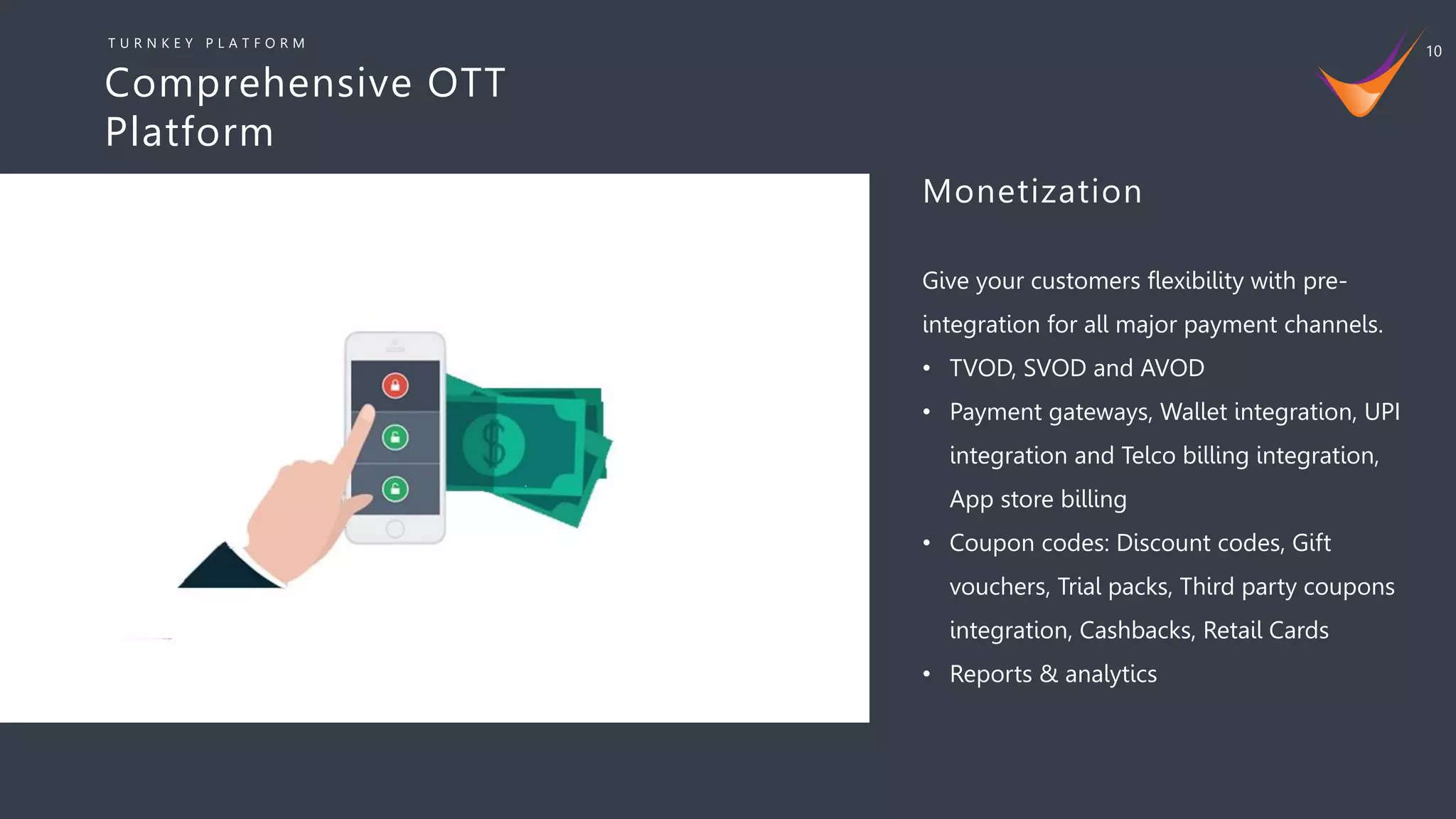10
Give your customers flexibility with pre-
integration for all major payment channels.
• TVOD, SVOD and AVOD
• Payment gateways, Wallet integration, UPI
integration and Telco billing integration,
App store billing
• Coupon codes: Discount codes, Gift
vouchers, Trial packs, Third party coupons
integration, Cashbacks, Retail Cards
• Reports & analytics
Monetization
Comprehensive OTT
Platform
T U R N K E Y P L A T F O R M
 