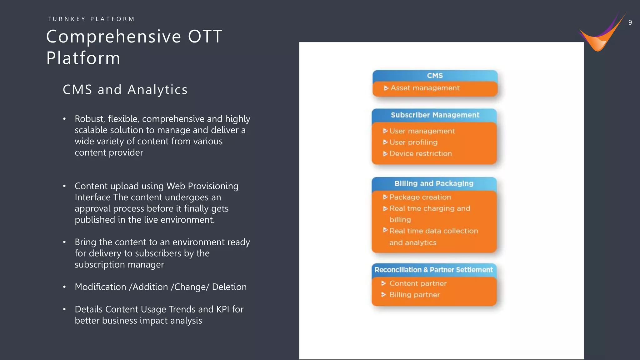 9
• Robust, flexible, comprehensive and highly
scalable solution to manage and deliver a
wide variety of content from various
content provider
• Content upload using Web Provisioning
Interface The content undergoes an
approval process before it finally gets
published in the live environment.
• Bring the content to an environment ready
for delivery to subscribers by the
subscription manager
• Modification /Addition /Change/ Deletion
• Details Content Usage Trends and KPI for
better business impact analysis
CMS and Analytics
Comprehensive OTT
Platform
T U R N K E Y P L A T F O R M
 