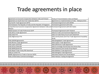 Trade agreements in place
Agreement on Economic Cooperation between India and Finland        Treaty of Transit between India and Nepal
Agreement on South Asia Free Trade Area SAFTA                      Agreement on implementation of India – Malaysia CECA
Asia Pacific Trade Agreement APTA                                  Framework Agreement with ASEAN
CECA between The Republic of India and the Republic of Singapore   Framework agreement with Chile
Comprehensive Economic Cooperation Agreement between India and     Framework Agreement with GCC States
Malysia
Global System of Trade Preferences GSTP                            Framework Agreement with Thailand
India Africa Trade Agreement                                       India EU Trade and Investment Agrement TIA
India Chile PTA                                                    India US Trade Policy Forum Joint Statement
India Afghanistan PTA                                              India and Australia Joint Free Trade Agreement Feasibility
                                                                   Study
India ASEAN Agreements                                             India Bangladesh Trade Agreement
India Bhutan Trade Agreement                                       India Ceylon Trade Agreement
India Japan CEPA PDF                                               India DPR Korea Trade Agreement
India Korea CEPA PDF                                               India EU Strategic Partnership Joint Action Plan
India MERCOSUR PTA                                                 India Indonesia Joint Study Group Report
India Nepal Trade Treaty PDF download                              India Maldives Trade Agreement
India Sri Lanka FTA                                                India Mongolia Trade Agreement
SAARC Agreement on Trade in Services SATIS                         India New Zealand Joint Study Report
India United States Commercial Dialogue                            India Pakistan Trading Arrangement
 