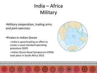 India – Africa
                         Military

•Military cooperation, trading arms
and joint exercises

•Pirates in Indian Ocean
   –India is spearheading an effort to
   create a naval standard operating
   procedure (SOP)
   –Indian Ocean Naval Symposium (IONS)
   took place in South Africa 2012
 
