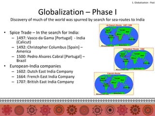 1. Globalization - Past



                  Globalization – Phase I
   Discovery of much of the world was spurred by search for sea-routes to India


• Spice Trade – In the search for India:
    – 1497: Vasco da Gama [Portugal] - India
      (Calicut)
    – 1492: Christopher Columbus [Spain] –
      America
    – 1500: Pedro Alvares Cabral [Portugal] –
      Brazil
• European-India companies
    – 1602: Dutch East India Company
    – 1664: French East India Company
    – 1707: British East India Company
 