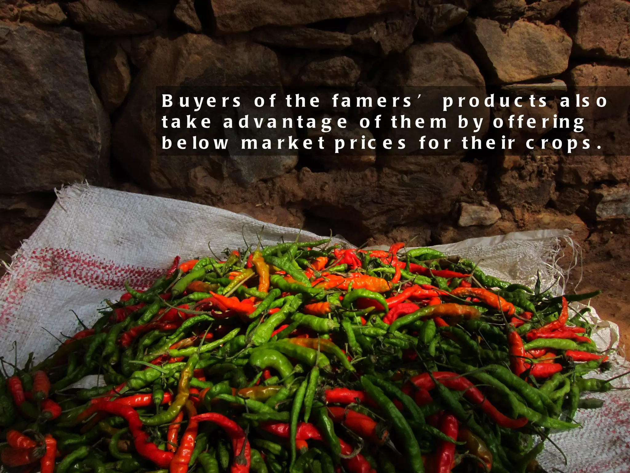 Buyers of the famers’ products also take advantage of them by offering below market prices for their crops.  