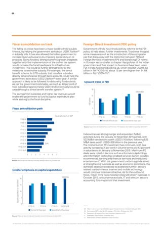 05
Fiscal consolidation on track
The falling oil prices have been a major boost to India’s public
finance, by helping the government save about USD1.7 billion08
in subsidy bills. It has also allowed the Indian government to
increase revenue buoyancy by imposing excise duty on oil
products. Going forward, strong economic growth prospects
together with the implementation of the unified tax system
would increase the fiscal headspace for infrastructure
investment.This would be further strengthened by the
measures to rationalise subsidy. For example, the direct
benefit scheme for LPG subsidy, that transfers subsidies
directly to beneficiaries through bank accounts, could help the
government save about USD2.3 billion09
every year. A similar
approach is likely to be followed for disbursing food subsidy.
As per the government estimates, as much as 40 per cent of
food subsidies (approximately USD7.8 billion annually) could be
saved through a direct benefit transfer system.09
The savings from subsidies and higher tax revenues would
enable the government to fund its capital expenditure plan
while sticking to the fiscal discipline.
Foreign Direct Investment (FDI) policy
Government of India has introduced key reforms to the FDI
policy, to help attract further investments.To achieve this goal,
some measures such as the introduction of the composite
cap that does away with the distinction between FDI and
Foreign Portfolio Investment (FPI) and liberalising FDI norms
in 15 major sectors (refer to chapter: Key policies of the Indian
government and their impact on business) have been taken.
FDI in India has started picking up, which stood at USD16.63
billion in 1H FY2015-16, about 13 per cent higher than 14.69
billion in 1H FY2014-1510
.
India witnessed strong merger and acquisition (M&A)
activities during the January to November 2015 period, with
532 M&A transactions worth USD31.16 billion, following 525
M&A deals worth USD34.63 billion in the previous year.11
The momentum of PE investment has continued, with deal
activity increasing 74 per cent in volume terms and 42 per cent
in value terms in January to November 2015. Maximum PE
deals were noted in sectors such as information technology
and information technology-enabled services (which includes
e-commerce), banking and financial services and media and
entertainment11
.With the government’s reform agenda aimed
at strengthening business as well as economic conditions, the
domestic deals are expected to accelerate further; sectors
related to e-commerce, internet and mobile technology
would continue to remain attractive. As for the outbound
flows, Indian firms have invested USD2.28 billion12
overseas in
October 2015, with pharmaceuticals, IT and telecom sectors
accounting for a majority of that investment.
08.	 Weak crude oil may bring Rs 88,800-cr gains this year, Business Standard, 08 August 2015
09.	 Govt expects DBT to plug 35-40% leakage in PDS, Mint, 25 September 2015
10.	 Department of Industrial Policy and Promotion’s statistics on FDI
11.	 Dealtracker, GrantThornton, November 2015
12.	 Reserve Bank of India’s database on Indian economy
© 2016 KPMG, an Indian Registered Partnership and a member firm of the KPMG network of independent member firms affiliated with KPMG International Cooperative (“KPMG International”), a Swiss entity. All rights reserved.
Fiscal consolidation path
Source: Reserve Bank of India and Controller General of Accounts, October 2015
Greater emphasis on capital expenditure
Source: RReserve Bank of India and Controller General of Accounts, October 2015
Upward trend in FDI
Source: Department of Industrial Policy and Promotion, FDI Statistics, April 2000 to September 2015 (AP1)
 