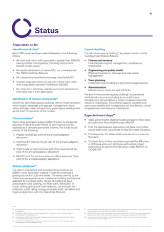 03.	 Coverage, AMRUT, Ministry of Urban Development, Government of India, http://amrut.gov.in/writereaddata/
Coverage.pdf
04.	 The Mission, AMRUT, Ministry of Urban Development, Government of India, http://amrut.gov.in/
writereaddata/The%20Mission.pdf
05.	 Fund Allocation, AMRUT, Ministry of Urban Development, Government of India, http://amrut.gov.in/
writereaddata/Fund%20Allocation.pdf
06.	 List of Reforms, AMRUT, Ministry of Urban Development, Government of India, http://amrut.gov.in/
writereaddata/List%20of%20Reforms.pdf
07.	 Individual Capacity Building, AMRUT, Ministry of Urban Development, Government of India, http://amrut.gov.
in/writereaddata/Individual%20Capacity%20Building%20Plan.pdf
08.	 AMRUT Action Plans for 474 cities cleared with a project outlay of Rs.19,170cr, Press Information Bureau,
Government of India, 15 December 2015, http://pib.nic.in/newsite/printrelease.aspx?relid=133300
09.	 Execution Steps, AMRUT, Ministry of Urban Development, Government of India, http://amrut.gov.in/
writereaddata/Execution%20Steps.pdf
Steps taken so far
Identification of cities03
About 500 cities have been selected based on the following
criteria:
•	 All cities and towns with a population greater than 100,000,
having notified municipalities, including cantonment
boards (civilian areas)
•	 All capital cities/towns of states/UTs, not covered under
the 100 Smart Cities Mission
•	 All cities/towns classified as heritage cities by MoUD
•	 Thirteen cities and towns on the stem of the main rivers
with a population between 75,000 and 100,000
•	 Ten cities from hill states, islands and tourist destinations
(not more than 1 from each state).
Identification of mission components04
MoUD has identified capacity building, reform implementation,
water supply, sewerage and septage management, storm
water drainage, urban transport and green-space development
as the chief components of the mission.
Finance strategy05
With a total estimated outlay of USD7.5 billion for the period
between FY2014-15 and FY2018-19, the initiative is to be
operated as a centrally sponsored scheme.The funds would
consist of the following:
1.	 Project fund (80 per cent of the annual budgetary
allocation)
2.	 Incentive for reforms (10 per cent of the annual budgetary
allocation)
3.	State funds for administrative and office expenses (8 per
cent of the annual budgetary allocation)
4.	 MoUD funds for administrative and office expenses (2 per
cent of the annual budgetary allocation).
Reform milestones06
The reform milestones with corresponding timelines for
AMRUT cities have been created in order to constitute a
guiding source for ULBs and states.The areas covered by the
milestones are e-governance, creation and adding professional
approach to municipal cadre, review of building by-laws,
accountability and auditing, city level plans, devolution of
funds, setting up financial intermediaries, tax and user fee
collection, credit rating, energy and water audit, sanitation and
hygiene (alignment with the Clean India Mission).
Capacity building
For individual capacity building07
, key departments in ULBs
have been identified as follows:
•	 Finance and revenue
Financial planning and management, and revenue
mobilisation
•	 Engineering and public health
Water and sanitation, drainage and solid waste
management
•	 Town planning
Urban planning including pro-poor planning approaches
•	 Administration
e-Governance, computer and soft skills.
The aim of institutional capacity building07
, is to improve
institutional outcomes including accountability and
transparency, service delivery, citizen empowerment and
resource mobilisation. Institutional capacity could be built
upon accountability and transparency, service delivery, citizen
empowerment and resource mobilisation.
Expected next steps08
•	 State governments shall formulate and submit their State
Annual Action Plans (SAAP) under AMRUT.
•	 Post the appraisal and approval by the Apex Committee,
states shall invite consultants to help formulate the plans.
•	 Consequently, the states shall invite vendors to execute
the plans.
•	 City level Action Plans have been approved for 474 cities
in 18 States and union territories with a total project
expenditure of about USD2.94 billion under AMRUT for
FY2015-1609
.
42
Status
© 2016 KPMG, an Indian Registered Partnership and a member firm of the KPMG network of independent member firms affiliated with KPMG International Cooperative (“KPMG International”), a Swiss entity. All rights reserved.
 