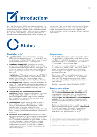 The Public Sector Banks (PSBs) have played a vital role in the
Indian economy. Since they account for a significant share of
infrastructure financing, delays in project implementation and
an economic slowdown led to a rise in non-performing assets.
The high NPAs affected banks’ profitability as they have to
increase provision against such loans. In order to revamp the
functioning of PSBs and de-stress them from high NPAs, the
government has launched a seven point reform plan which
aims at not only infusing capital but also addressing the
fundamental issues such as infusing right skills and expertise
in Indian banks.
58
Steps taken so far02
•	 Appointments:The post of Chairman and Managing
Director would be separated.The CEO is expected to get
the designation of MD and CEO, and another person would
be selected for non-executive Chairman position.
•	 Bank Board Bureau (BBB): BBB, a body of eminent
professionals, would replace the appointments board for
the appointment of whole-time directors. BBB would have
a chairman and consist of 6 members, including 2 banking
sector experts, and is expected to start functioning from
April 2016.
•	 Capitalisation: PSB’s capital requirement up to FY2018-19
is estimated to be USD28 billion.The government would
allocate USD11 billion over the next 4 years, and the
remaining part would be raised from the financial market.
•	 De-stressing PSBs: Measures have been proposed to de-
stress PSB include speeding up pending approvals/permits,
addressing long-term availability of fuel, reforming power
distribution companies and asking promoters to bring in
additional equity.
•	 Strengthening risk control measures and NPA
disclosures: Creation of a central repository of information
on large credits to provide banks with data on credit
exposures of approximately USD0.8 million and above;
Joint Lenders Forum was formed to incentivise early
identification of problem cases.
•	 Empowerment: Greater autonomy would be given to
banks and they would be expected to take business
decisions without government interference. Greater
flexibility would be provided to banks for hiring
professionals.To make banks more accountable, they were
asked to create robust grievances redressal mechanism for
customers.
•	 Framework of accountability: A new framework of Key
Performance Indicators (KPIs) to measure the performance
of PSBs has been unveiled.This new framework divides
the KPI into 4 sections totalling up to 100 marks. 25 marks
are given to indicators measuring efficiency of capital
use and diversification of business, 15 marks to NPA
management and financial inclusion, and 20 marks to
qualitative criteria, such as strategic initiatives, taken to
improve asset quality.
Expected steps
•	 About USD11 billion capital would be allocated as follows:
USD4 billion and USD4 billion are is expected to be given
in FY2015-16 and FY2016-17, respectively. Later, banks are
expected to receive USD1.5 billion and USD1.5 billion in
FY2017-18 and FY2018-19, respectively.02
•	 The government has appointed private sector professionals
to run the Bank of Baroda and the Canara Bank03
. More
private sector professionals are likely to be recruited
for mid-level positions. BBB would be responsible for
recruiting top officials.
•	 Bank Investment Committee, a holding company for all
public sector banks, would be set up.The government’s
stake in all PSBs would be transferred to this holding
company, which would also help the former to lower its
stake in PSBs.04
•	 Banks are expected to reduce NPAs by March 2017.05
Business opportunities
•	 Compliance with Basel III norms by March 2019 would
result in significant investment in technology. Many
Indian banks are expected to focus on improving their
credit systems to contain a rise in NPAs in the future by
deploying credit risk management and financial services
analytics.This might create business opportunities for
companies specialised in performing credit risk analysis
digitally.
•	 Banks’ financial inclusion initiatives would require them to
adopt technology that facilitates significant card issuance.
Until now, banks issued 160 million06
RuPay cards (an
Indian version of credit/debit card) and this figure is
expected to cross 500 million mark by 2020.
Introduction02
Status
02.	 Banks Are Facing ChallengingTime But No Cause Of Panic, Press Information Bureau, 14 August 2015.
03.	 Private sector professionals to head Bank of Baroda, Canara Bank,The Financial Express, 14 August 2015.
04.	 Bank Board Bureau likely to be set up for creating holding company model,The EconomicTimes, 10
December 2015.
05.	 RBI, government steps to help banks end NPA woes by March ‘17: Raghuram Rajan,The EconomicTimes,
01 December 2015.
06.	 RuPay credit cards coming next year,The Hindu Business Line, 16 June 2015.
© 2016 KPMG, an Indian Registered Partnership and a member firm of the KPMG network of independent member firms affiliated with KPMG International Cooperative (“KPMG International”), a Swiss entity. All rights reserved.
 