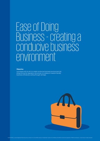 EaseofDoing
Business-creatinga
conducivebusiness
environment
Objective
Launched with an aim to create conducive business environment by
streamlining the regulatory structures, to create an investor-friendly
business climate by cutting through red tape.
© 2016 KPMG, an Indian Registered Partnership and a member firm of the KPMG network of independent member firms affiliated with KPMG International Cooperative (“KPMG International”), a Swiss entity. All rights reserved.
 