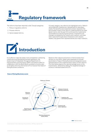 72
The reforms have been depicted under 3 broad categories:
1.	 Policy or regulatory reforms
2.	 Process reforms
3.	Sector-related reforms.
For each category, key reforms are highlighted with a ‘Reform
versus Benefits’ assessment represented for exemplary
states.The benefits and investments shown represent the
ground-level impact of the reforms implemented by the state
governments over the past 18 months and the investments
received/announced during that period. It represents the
changes witnessed by the industry and investors, and have
been captured through direct interactions with industry
leaders, key government representatives and major investors.
Regulatory framework
In an effort to make the states more competitive in attracting
investments and facilitating business operations, the
Government of India (GoI), through its Department of
Industrial Policy and Promotion (DIPP), launched an effort (in
collaboration with theWorld Bank) to present an action plan
to all states and UnionTerritories (UT) to improve their Ease of
Doing Business conditions.
Based on their reforms and actions in the 6 months from
January to June 2015, states were assessed on 8 broad
parameters of Ease of Doing Business and assigned a score
representative of the implementation status of their reforms.
The chart below depicts the national average score on the
8 parameters, obtained by adding the weighted average of
scores of individual states and UTs:
.
Introduction
Ease of Doing Business score
Source: Assessment of State Implementation of Business Reforms, DIPP Report, September 2015
© 2016 KPMG, an Indian Registered Partnership and a member firm of the KPMG network of independent member firms affiliated with KPMG International Cooperative (“KPMG International”), a Swiss entity. All rights reserved.
 