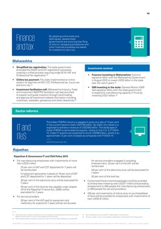 80
•	 Simplified tax registration: The state government
amended the MVAT and CST registration processes
creating a unified process requiring single ID forVAT and
ProfessionalTax registration.33
•	 Online tax payment:The state implemented an online
system for payment ofVAT, CST, Professional tax, luxury tax
and entry tax.34
•	 Investment facilitation cell: Maharashtra Industry,Trade
and Investment (MAITRI) facilitation cell was launched
to support and guide investors through hand-holding
and approve all investment-related information including
incentives, subsidies, grievances and other clearances.35
Investments received
Maharashtra
By adopting online tools and
techniques, several state
governments are ensuring that filing
of returns, tax-paying procedures and
other financial processes are easier
for investors to carry out.
Finance
andtax
•	 Foxconn investing in Maharashtra: Foxconn
signed an MoU with the Maharashtra Government
in August 2015 to invest USD5 billion in the state
over the next 5 years.36
•	 GM investing in the state: General Motors (GM)
had signed an MoU with the state government
to expand its manufacturing capacity in Pune by
investing USD1 billion.36
33.	 ‘State Government Initiatives‘, Government of India, accessed on 23 November 2015 For electronic sources,
please provide the entire url. Carry out this change across the document.
34.	 ‘Ease of doing business: Here’s all you need to know about the top 10 states‘, DNAIndia, 22 January 2015.
35.	 ‘Govt of Maharashtra launches MAITRI‘, ProjectsToday, 27 February 2014.
36.	 ‘Foxconn to ‘Make in India’, will invest $5bn in Maharashtra‘,The HindustanTimes, 8 August 2015.
Rajasthan E-Governance IT and ITeS Policy 2015
•	 For manufacturing enterprises with investments of more
than USD4 million
–– 70 per cent ofVAT and CST deposited for 7 years will
be reimbursed
–– Employment generation subsidy of 10 per cent ofVAT
and CST deposited for 7 years will be deposited
–– 50 per cent of the electricity duty will be exempted for
7 years
–– 50 per cent of the land tax (tax payable under chapter
VII of the Rajasthan Finance Act, 2006) will be
exempted for 7 years.
•	 For service providers
–– 50 per cent of theVAT paid on equipment and
machinery for a period of 7 years will be reimbursed;
for service providers engaged in providing
entertainment, 25 per cent of theVAT will be
reimbursed
–– 50 per cent of the electricity duty will be exempted for
7 years
–– 50 per cent of the land tax.
•	 Customised fiscal incentive packages could be provided
to enterprises investing over USD31 million and providing
employment to 400 people (for manufacturing enterprises),
or 500 people (for service providers).
•	 100 per cent exemption of stamp duty on purchase/lease
of land will be provided for enterprises with investments of
over USD0.8 million.
Rajasthan
Sector reforms
The Indian IT-BPM industry is pegged to grow at a rate of 13 per cent
in the current fiscal to reach USD146 billion. By 2020, the industry is
expected to achieve a revenue of USD300 billion.The landscape of
Indian IT-BPM is dominated by exports, mainly to the U.S. In FY2014-
15, Indian IT exports are expected to touch USD98 billion, which is an
approximate 12 per cent increase as compared with FY2013-14.
ITand
ITeS NASSCOM Strategic Report 2015.
© 2016 KPMG, an Indian Registered Partnership and a member firm of the KPMG network of independent member firms affiliated with KPMG International Cooperative (“KPMG International”), a Swiss entity. All rights reserved.
 