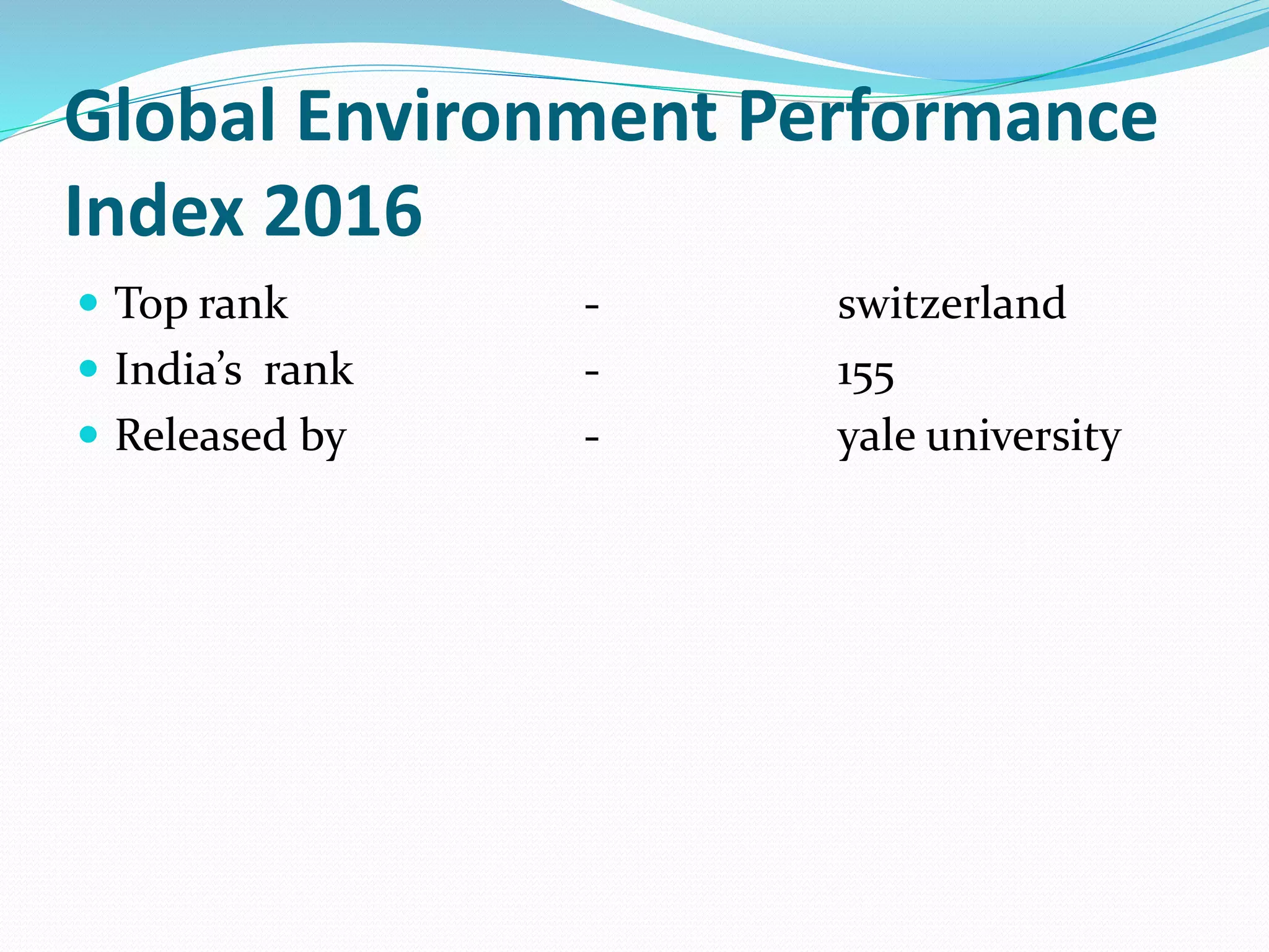 Global Environment Performance
Index 2016
 Top rank - switzerland
 India’s rank - 155
 Released by - yale university
 