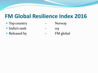 FM Global Resilience Index 2016
 Top country - Norway
 India’s rank - 119
 Released by - FM global
 