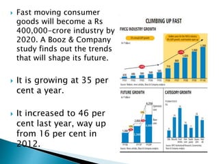  Fast moving consumer
goods will become a Rs
400,000-crore industry by
2020. A Booz & Company
study finds out the trends
that will shape its future.
 It is growing at 35 per
cent a year.
 It increased to 46 per
cent last year, way up
from 16 per cent in
2012.
 