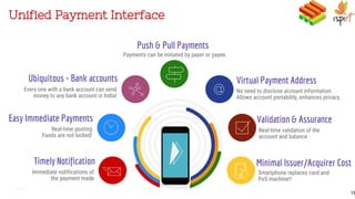 Validation & Assurance
Virtual Payment Address
Minimal Issuer/Acquirer Cost
Ubiquitous - Bank accounts
Easy Immediate Payments
Timely Notification
Unified Payment Interface
Push & Pull Payments
@Every one with a bank account can send
money to any bank account in India!
Real-time posting
Funds are not locked!
Immediate notifications of
the payment made
Payments can be initiated by payer or payee.
Real-time validation of the
account and balance
No need to disclose account information.
Allows account portability, enhances privacy.
Smartphone replaces card and
PoS machine!!
18
 