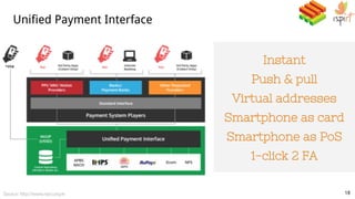 Unified Payment Interface
18Source: http://www.npci.org.in
Instant
Push & pull
Virtual addresses
Smartphone as card
Smartphone as PoS
1-click 2 FA
 
