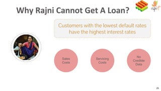 Why Rajni Cannot Get A Loan?
26
Customers with the lowest default rates
have the highest interest rates
Sales
Costs
No
Credible
Data
Servicing
Costs
 