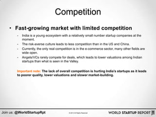 Competition
    • Fast-growing market with limited competition
        -   India is a young ecosystem with a relatively small number startup companies at the
            moment.
        -   The risk-averse culture leads to less competition than in the US and China.
        -   Currently, the only real competition is in the e-commerce sector, many other fields are
            wide open.
        -   Angels/VCs rarely compete for deals, which leads to lower valuations among Indian
            startups than what is seen in the Valley.


        Important note: The lack of overall competition is hurting India‟s startups as it leads
        to poorer quality, lower valuations and slower market-building.




Join us: @WorldStartupRpt                    © 2013 All Rights Reserved
 