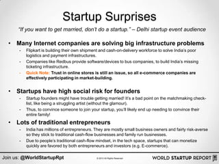 Startup Surprises
      “If you want to get married, don’t do a startup.” – Delhi startup event audience

  • Many Internet companies are solving big infrastructure problems
      -   Flipkart is building their own shipment and cash-on-delivery workforce to solve India‟s poor
          logistics and payment infrastructures.
      -   Companies like Redbus provide software/devices to bus companies, to build India‟s missing
          ticketing infrastructure.
      -   Quick Note: Trust in online stores is still an issue, so all e-commerce companies are
          effectively participating in market-building.


  • Startups have high social risk for founders
      -   Startup founders might have trouble getting married! It‟s a bad point on the matchmaking check-
          list, like being a struggling artist (without the glamour).
      -   Thus, to convince someone to join your startup, you‟ll likely end up needing to convince their
          entire family!
  • Lots of traditional entrepreneurs
      -   India has millions of entrepreneurs. They are mostly small business owners and fairly risk-averse
          so they stick to traditional cash-flow businesses and family run businesses.
      -   Due to people‟s traditional cash-flow mindset, in the tech space, startups that can monetize
          quickly are favored by both entrepreneurs and investors (e.g. E-commerce).

Join us: @WorldStartupRpt                      © 2013 All Rights Reserved
 