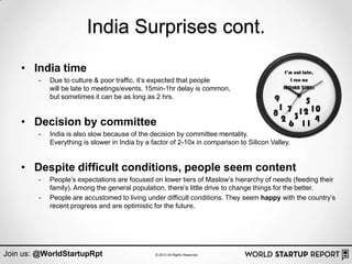India Surprises cont.
    • India time
        -   Due to culture & poor traffic, it‟s expected that people
            will be late to meetings/events. 15min-1hr delay is common,
            but sometimes it can be as long as 2 hrs.


    • Decision by committee
        -   India is also slow because of the decision by committee mentality.
            Everything is slower in India by a factor of 2-10x in comparison to Silicon Valley.


    • Despite difficult conditions, people seem content
        -   People‟s expectations are focused on lower tiers of Maslow‟s hierarchy of needs (feeding their
            family). Among the general population, there‟s little drive to change things for the better.
        -   People are accustomed to living under difficult conditions. They seem happy with the country‟s
            recent progress and are optimistic for the future.




Join us: @WorldStartupRpt                       © 2013 All Rights Reserved
 