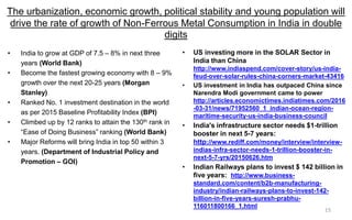The urbanization, economic growth, political stability and young population will
drive the rate of growth of Non-Ferrous Metal Consumption in India in double
digits
• India to grow at GDP of 7.5 – 8% in next three
years (World Bank)
• Become the fastest growing economy with 8 – 9%
growth over the next 20-25 years (Morgan
Stanley)
• Ranked No. 1 investment destination in the world
as per 2015 Baseline Profitability Index (BPI)
• Climbed up by 12 ranks to attain the 130th rank in
“Ease of Doing Business” ranking (World Bank)
• Major Reforms will bring India in top 50 within 3
years. (Department of Industrial Policy and
Promotion – GOI)
• US investing more in the SOLAR Sector in
India than China
http://www.indiaspend.com/cover-story/us-india-
feud-over-solar-rules-china-corners-market-43416
• US investment in India has outpaced China since
Narendra Modi government came to power
http://articles.economictimes.indiatimes.com/2016
-03-31/news/71952560_1_indian-ocean-region-
maritime-security-us-india-business-council
• India's infrastructure sector needs $1-trillion
booster in next 5-7 years:
http://www.rediff.com/money/interview/interview-
indias-infra-sector-needs-1-trillion-booster-in-
next-5-7-yrs/20150626.htm
• Indian Railways plans to invest $ 142 billion in
five years: http://www.business-
standard.com/content/b2b-manufacturing-
industry/indian-railways-plans-to-invest-142-
billion-in-five-years-suresh-prabhu-
116011800166_1.html
15
 