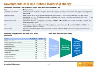 STRATEGY | March 2016 15
Government: Once in a lifetime leadership change
Government attempting a non-inflationary supply boost while ensuring a safety net
Some more measures in the offingImproving “Doing Business” was a key focus of the
government
Topics DB 2015 Rank DB 2016 Rank
Starting a Business 164 155
Dealing with Construction Permits 184 183
Getting Electricity 99 70
Registering Property 138 138
Getting Credit 36 42
Protecting Minority Investors 8 8
Paying Taxes 156 157
Trading Across Borders 133 133
Enforcing Contracts 178 178
Resolving Insolvency 136 136
21% increase
in capital
outlay in FY17
Budget
Passage of
Real Estate
Regulatory Bill
Key bills in
the offing
include GST,
Bankruptcy
code,
National
Waterways
bill,
 