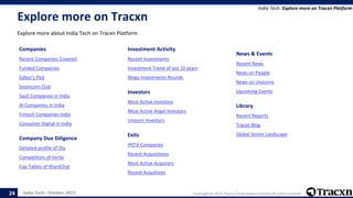 India Tech - October 2023 Copyright © 2023, Tracxn Technologies Limited. All rights reserved.
Explore more on Tracxn
Explore more about India Tech on Tracxn Platform
India Tech: Explore more on Tracxn Platform
24
Companies
Recent Companies Covered
Funded Companies
Editor's Pick
Soonicorn Club
SaaS Companies in India
AI Companies in India
Fintech Companies India
Consumer Digital in India
Company Due Diligence
Detailed profile of Ola
Competitors of VerSe
Cap Tables of ShareChat
Investment Activity
Recent Investments
Investment Trend of last 10 years
Mega Investments Rounds
Investors
Most Active Investors
Most Active Angel Investors
Unicorn Investors
Exits
IPO'd Companies
Recent Acquisitions
Most Active Acquirers
Recent Acquihires
News & Events
Recent News
News on People
News on Unicorns
Upcoming Events
Library
Recent Reports
Tracxn Blog
Global Sector Landscape
 