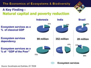 A Key Finding :
 Natural capital and poverty reduction
                                         Indonesia          India                Brazil
                                                    21%                                   10%
                                                                    16%
Ecosystem services as a
                                                                                 90%
% of classical GDP
                                         79%              84%

Ecosystem services                       99 million       352 million       20 million
dependency
                                                                     47%   11%
                                                    25%
Ecosystem services as a                                     53%
% of “GDP of the Poor”
                                    75%
                                                                                       89%



                                                            Ecosystem services
Source: Gundimeda and Sukhdev, D1 TEEB
   19.04.2011                                  10
 