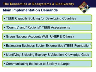 Main Implementation Demands

• TEEB Capacity Building for Developing Countries

• “Country” and “Regional” TEEB Assessments

• Green National Accounts (WB, UNEP & Others)

• Estimating Business Sector Externalities (TEEB Foundation)

• Identifying & closing Ecology & Valuation Knowledge Gaps

• Communicating the Issue to Society at Large
 