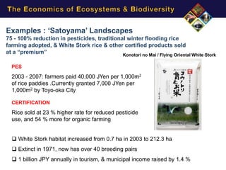 Examples : „Satoyama‟ Landscapes
75 - 100% reduction in pesticides, traditional winter flooding rice
farming adopted, & White Stork rice & other certified products sold
at a “premium”                               Konotori no Mai / Flying Oriental White Stork

  PES

  2003 - 2007: farmers paid 40,000 JYen per 1,000m2
  of rice paddies .Currently granted 7,000 JYen per
  1,000m2 by Toyo-oka City

  CERTIFICATION

  Rice sold at 23 % higher rate for reduced pesticide
  use, and 54 % more for organic farming


   White Stork habitat increased from 0.7 ha in 2003 to 212.3 ha
   Extinct in 1971, now has over 40 breeding pairs
   1 billion JPY annually in tourism, & municipal income raised by 1.4 %
 