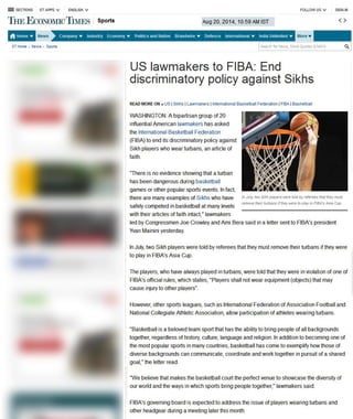 US lawmakers to FIBA: End discriminatory policy against Sikhs