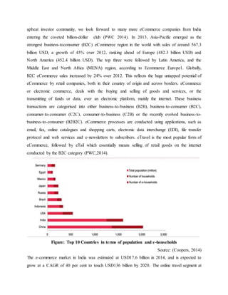 upbeat investor community, we look forward to many more eCommerce companies from India
entering the coveted billion-dollar club (PWC 2014). In 2013, Asia-Pacific emerged as the
strongest business-toconsumer (B2C) eCommerce region in the world with sales of around 567.3
billion USD, a growth of 45% over 2012, ranking ahead of Europe (482.3 billion USD) and
North America (452.4 billion USD). The top three were followed by Latin America, and the
Middle East and North Africa (MENA) region, according to Ecommerce Europe1. Globally,
B2C eCommerce sales increased by 24% over 2012. This reflects the huge untapped potential of
eCommerce by retail companies, both in their country of origin and across borders. eCommerce
or electronic commerce, deals with the buying and selling of goods and services, or the
transmitting of funds or data, over an electronic platform, mainly the internet. These business
transactions are categorised into either business-to-business (B2B), business-to-consumer (B2C),
consumer-to-consumer (C2C), consumer-to-business (C2B) or the recently evolved business-to-
business-to-consumer (B2B2C). eCommerce processes are conducted using applications, such as
email, fax, online catalogues and shopping carts, electronic data interchange (EDI), file transfer
protocol and web services and e-newsletters to subscribers. eTravel is the most popular form of
eCommerce, followed by eTail which essentially means selling of retail goods on the internet
conducted by the B2C category (PWC,2014).
Figure: Top 10 Countries in terms of population and e-households
Source: (Coopers, 2014)
The e-commerce market in India was estimated at USD17.6 billion in 2014, and is expected to
grow at a CAGR of 40 per cent to touch USD136 billion by 2020. The online travel segment at
 