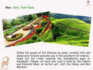 May: Ooty, Tamil Nadu
Called the queen of hill stations by some, verdant hills and
dense pine forests welcome you in this southern hill station.
Head out for treks towards the Doddabetta peak or
Annamalai Temple, sit back and read a book by the Pykara
and Emerald lakes, or better yet, visit the Honey and Bee
Museum.
 
