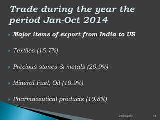  Major items of export from India to US
 Textiles (15.7%)
 Precious stones & metals (20.9%)
 Mineral Fuel, Oil (10.9%)
 Pharmaceutical products (10.8%)
28/12/2014 14
 